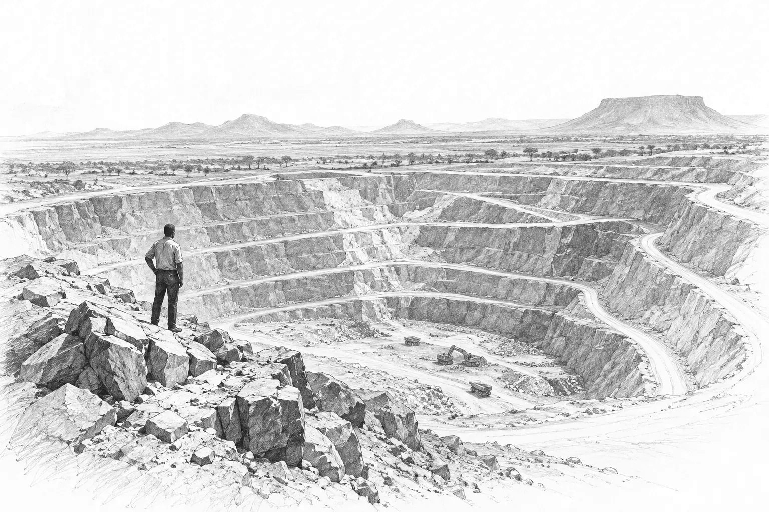 Graphite drawing of a quarry in a wide African landscape