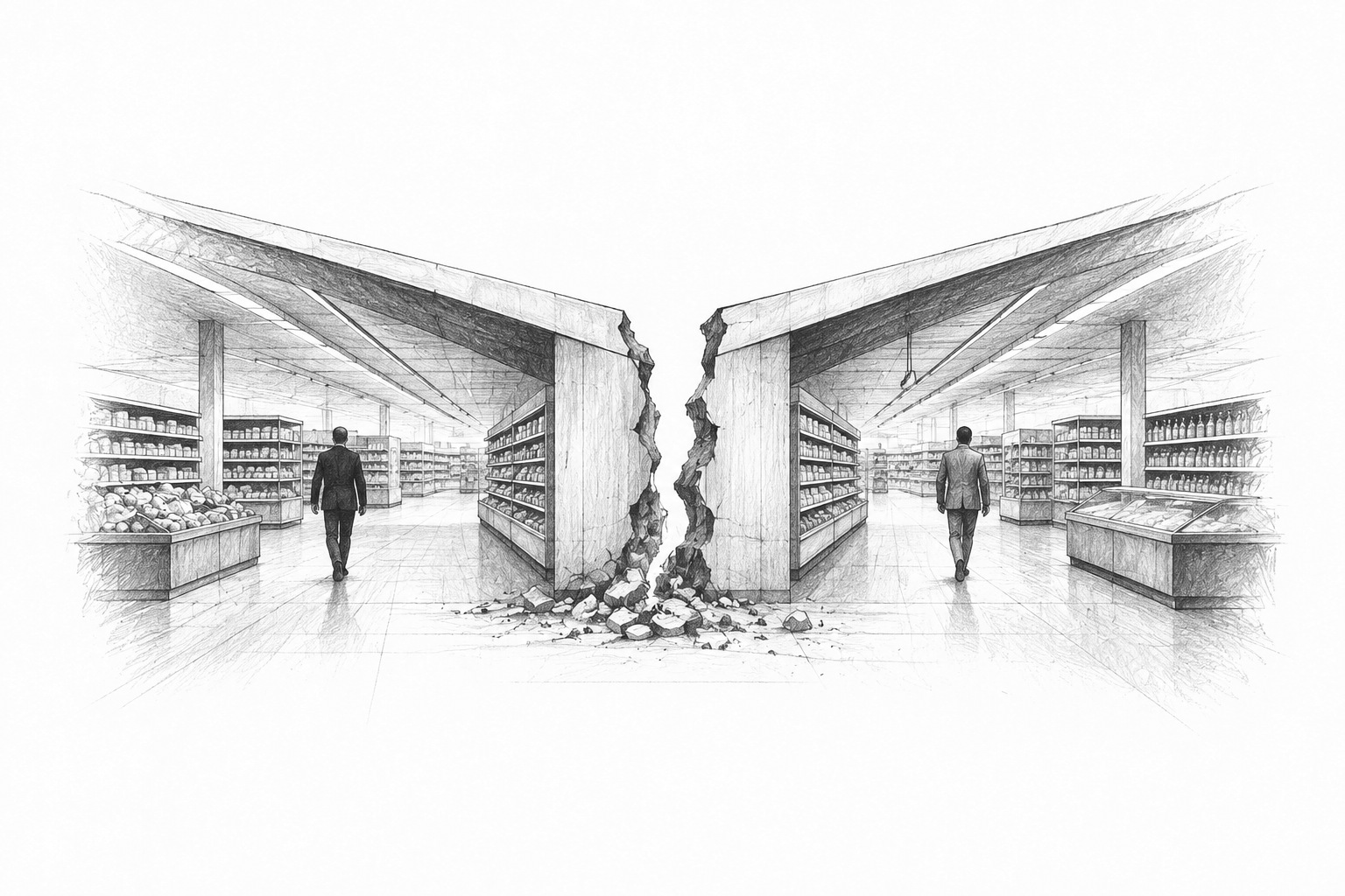 Graphite drawing of a Dutch supermarket company separating into two parts