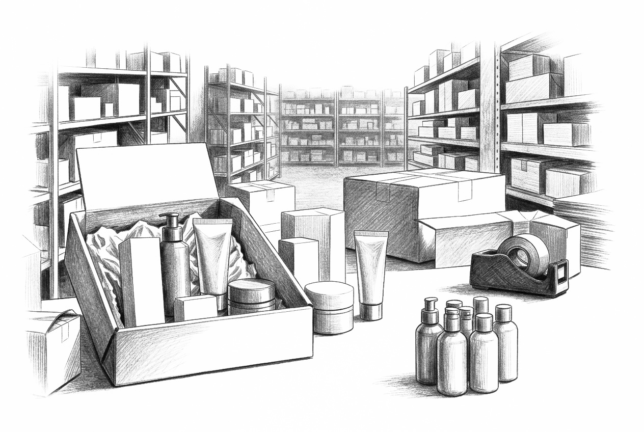 Graphite drawing of cosmetic products, shipping boxes and international order fulfilment