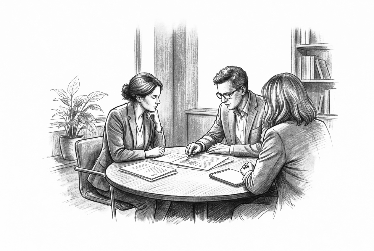 Graphite drawing of professionals meeting in a calm mental healthcare setting