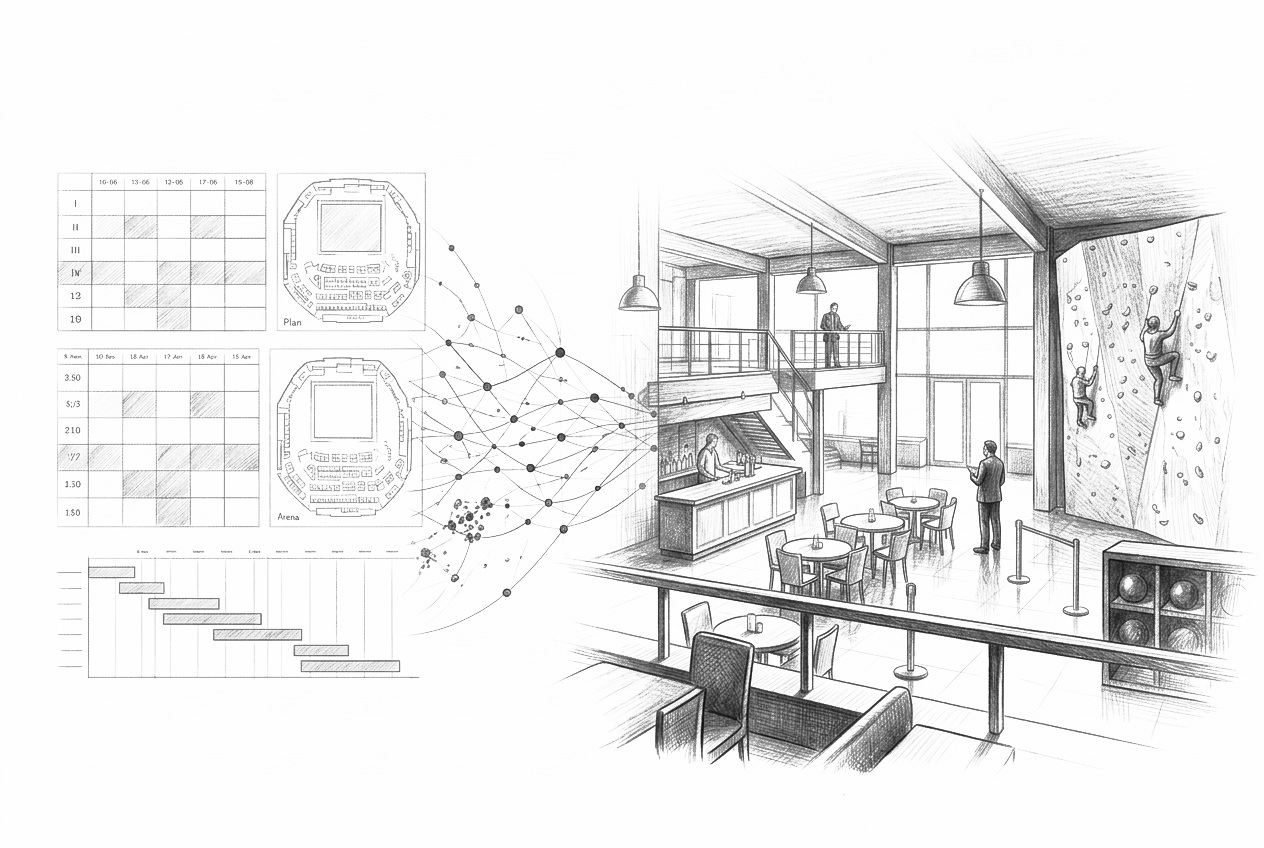 Graphite drawing of software in an operational leisure and entertainment setting
