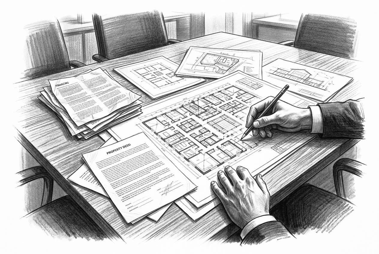 Graphite drawing of real estate plans and bridge financing documents on a meeting table